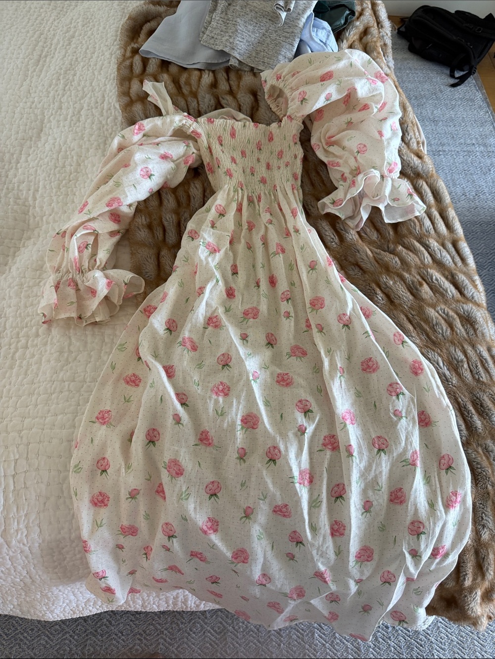 Sleeper White Floral Puff-Sleeve Smocked Dress